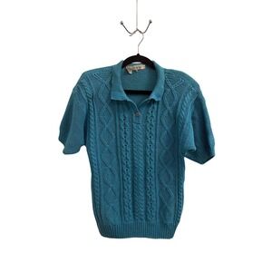 Polo Sweater Cable Knit Vintage de rotchild Women Medium Teal Short Sleeve Retro